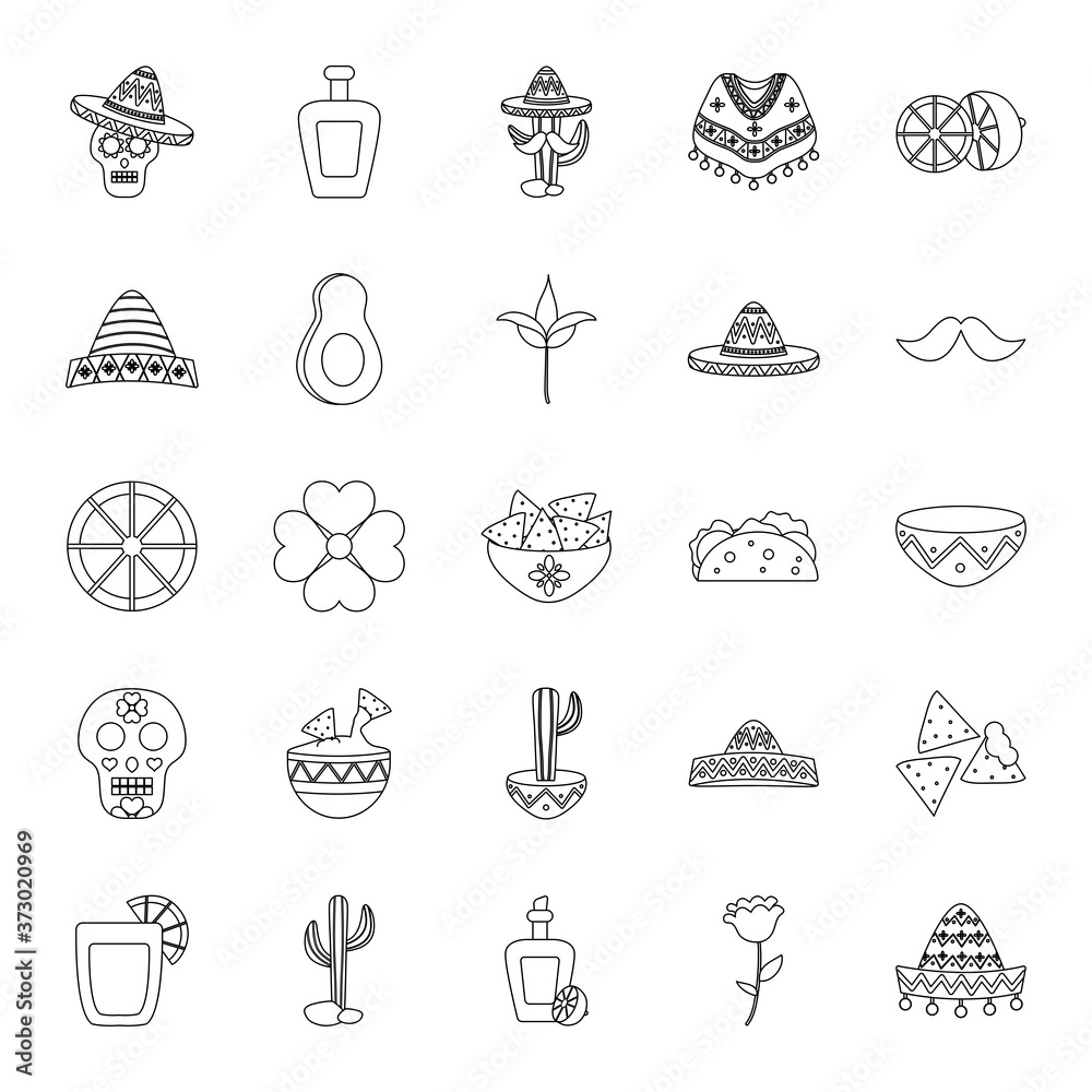 avocado and mexican culture icon set, line style