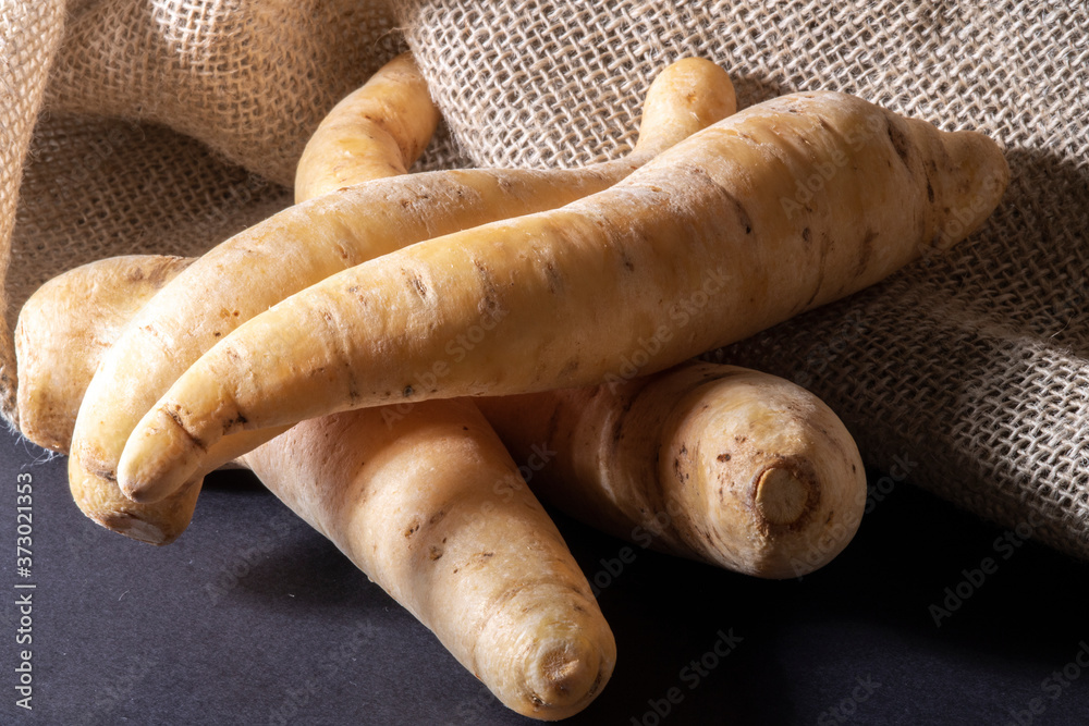 Potato baroa or Mandioquinha (Arracacia xanthorrhiza) on jute