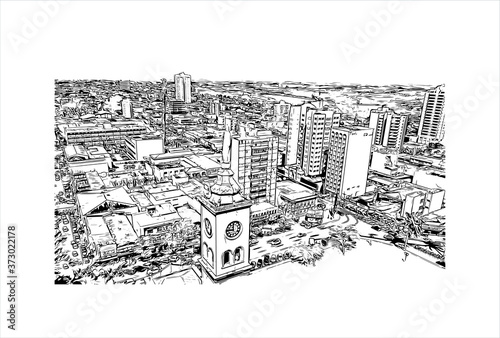 Building view with landmark of Apucarana is a municipality in the state of Parana in Brazil. Hand drawn sketch illustration in vector.