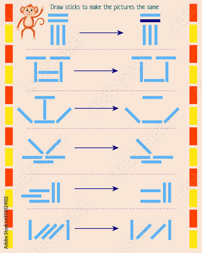  logic game for children. draw the sticks to make the pictures the same