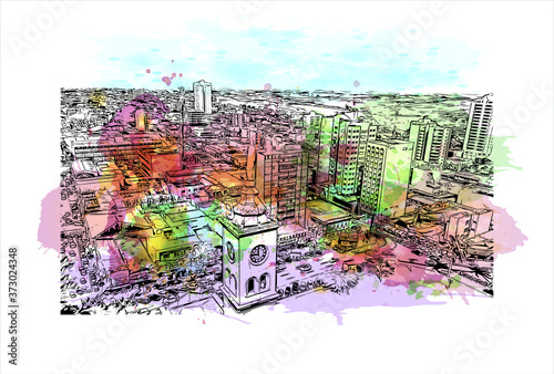 Building view with landmark of Apucarana is a municipality in the state of Paraná in Brazil. Watercolor splash with hand drawn sketch illustration in vector.
