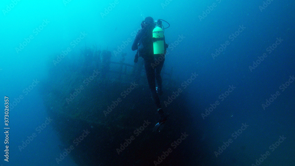 Diver looking at shipwreck Diver looking at shipwreck