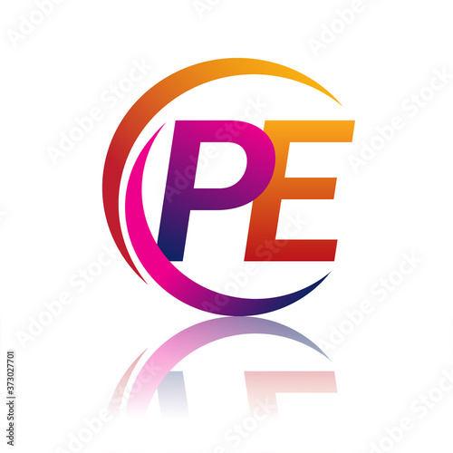 initial letter PE logotype company name orange and magenta color on circle and swoosh design. vector logo for business and company identity.