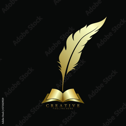 Gold Feather Pen above an Open Book