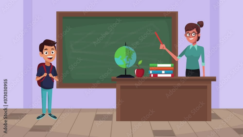 back to school animation with female teacher and schoolboy in classroom back to school animation with female teacher and schoolboy in classroom