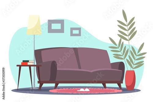 Living room home inerior design. Inside modern cozy flat, retro decor. Apartment with sofa, lamp, plants. House furniture background, wallpaper, city illustration vector