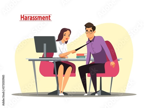 Sexual harassment and abuse at office illustration. Woman harassing male business worker at workplace, man afraid of unwanted touch. Businesswoman bullying colleague vector