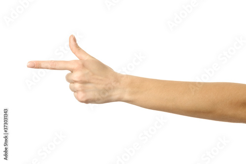 Pointing left. Woman hand gesturing isolated on white