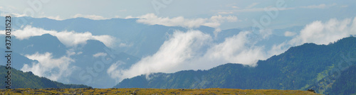 Clouds and fog in the mountains, banner background
