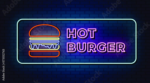 Hot burger neon signs vector. Design template neon sign