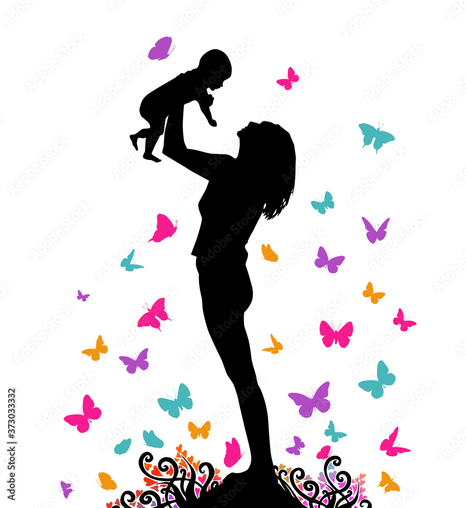 Mother with her daughter in her arms. Mother's Day. Mom teaches the child to walk. Outdoors. Vector illustration