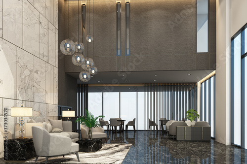 Mainhall reception waiting area in condominium or hotel with luxury furniture and marble texture in grey tone color 3d rendering