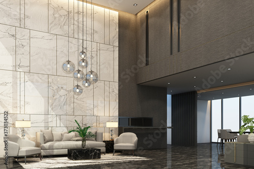 Mainhall reception waiting area in condominium or hotel with luxury furniture and marble texture in grey tone color 3d rendering