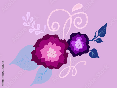 Hand drawn painted flowers, leaves and branch isolated on pink background. Illustration for design, print or background
