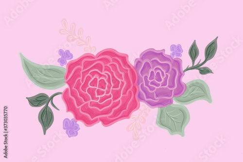 Hand drawn painted flowers, leaves and branch isolated on pink background. Illustration for design, print or background
