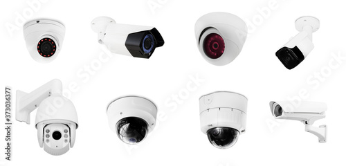 Set of modern public CCTV camera on wall isolated on white background. Intelligent reccording cameras for monitoring all day and night. Concept of surveillance and monitoring.