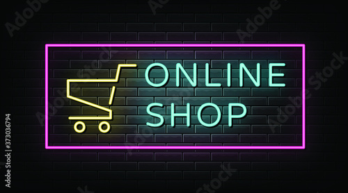 Online shop neon signs vector. Design template neon sign