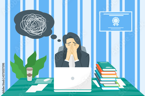 Woman Frustrated with Work Problem or Pressure in Front of Laptop & Stack of Bookkeeping Inside Company Office Illustration Vector. Can be Used for Digital and Print Infographic.