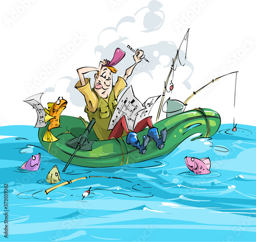 Fisherman and fish. A fisherman is doing a crossword puzzle.
