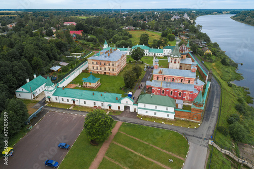 View from a height of the Staroladozhsky Nikolsky Monastery on a cloudy August day (aerial photography). Staraya Ladoga, Russia