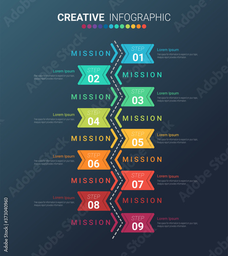 Presentation business infographic template, Abstract infographics number options template with 9 steps. Vector illustration.