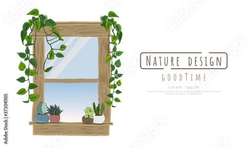 Potted plants and window wood on white background, isolated objects,  message area, Hand drawn, Vector drawn illustrations.