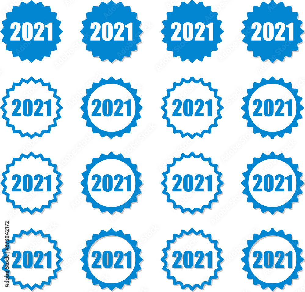 青色ギザギザフレームの中に数字2021のデザインセット　影と角のまるみのバリエーション　ベクターイラスト