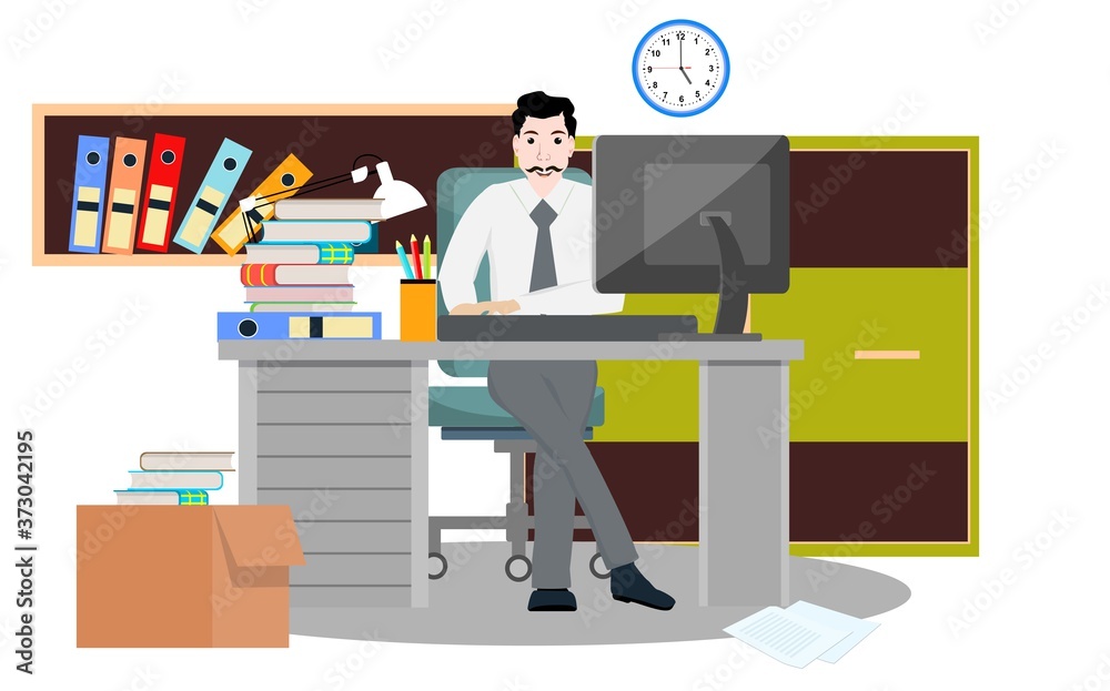 Businessman, clerk work at the desk in the office. Flat vector illustration. Businessman, clerk work at the desk in the office. Flat vector illustration.