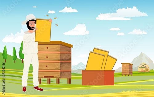 Beekeeper in protective hat and dress in the field on countryside background cartoon vector illustration