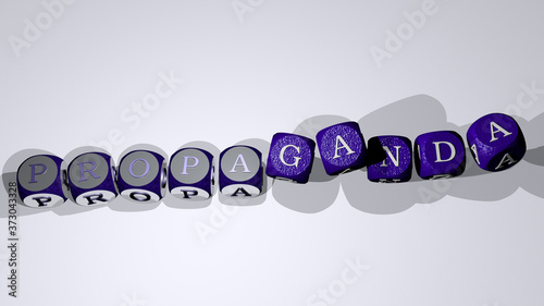 PROPAGANDA text by dancing dice letters, 3D illustration