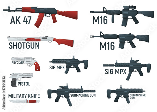 Set of weapon military rifle, revolver and pistol, shotgun carbine, knife and submachine gun cartoon icon vector illustration, isolated of white.