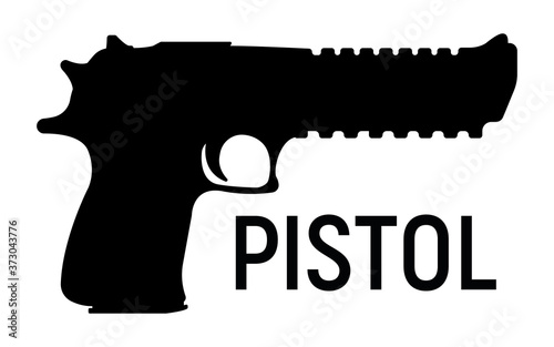 Silhouette pistol icon, self defense weapon, concept simple black vector illustration, isolated on white. Shooting powerful firearms revolver.