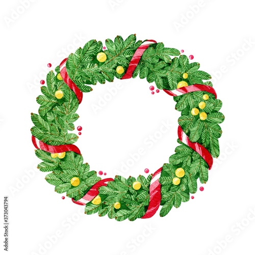 Fototapeta Naklejka Na Ścianę i Meble -  Watercolor christmas wreath with red ribbons and gold and red balls. Isolated ilustration on white background.