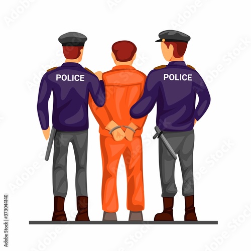 Police leading criminal prisoner in handcuff from back view concept in cartoon illustration vector isolated in white background