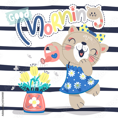 Cute cartoon cat girl in summer dress watering flower during at the morning on striped background illustration vector.