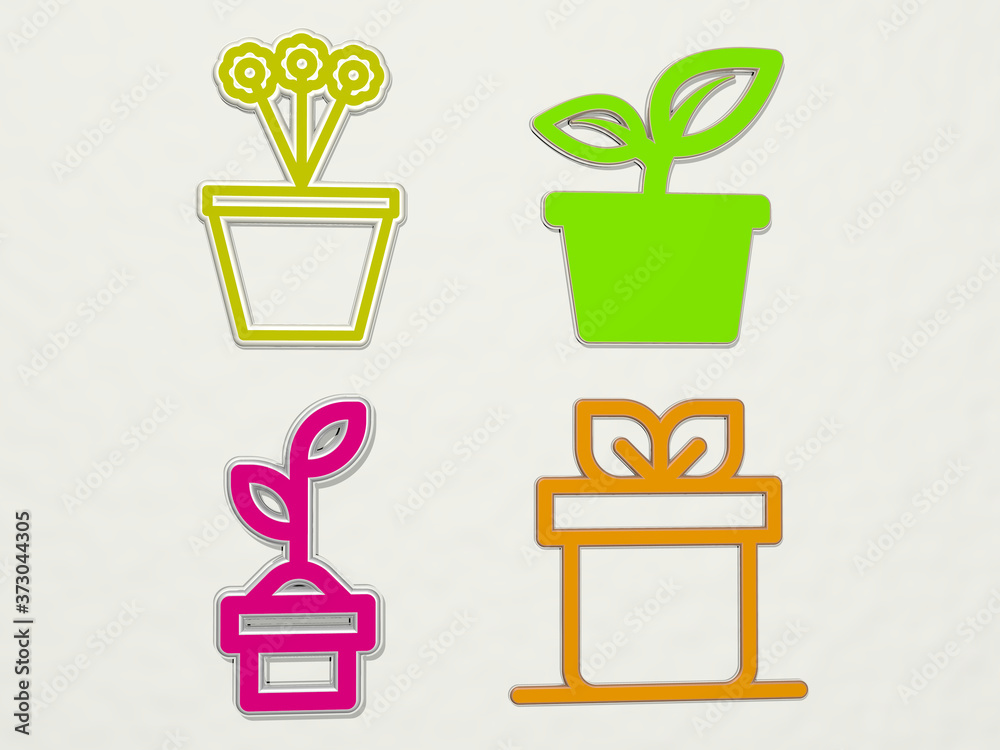 PLANT POT 4 icons set, 3D illustration