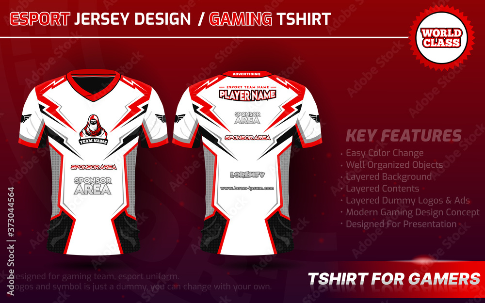 Gaming Tshirt or Esport Jersey Uniform Designs Template with Clean and  Modern concept, Red, white and black Color. Short Sleeve, Well Presented  for gaming team Stock Vector