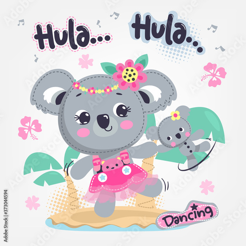 Cute cartoon koala girl hula dancing on a tropical island on gray background illustration vector.