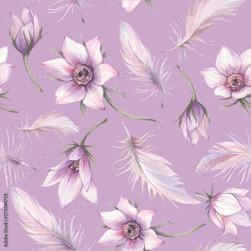 Floral seamless pattern of violet flowers and feathers. Hand painted watercolor illustration. 