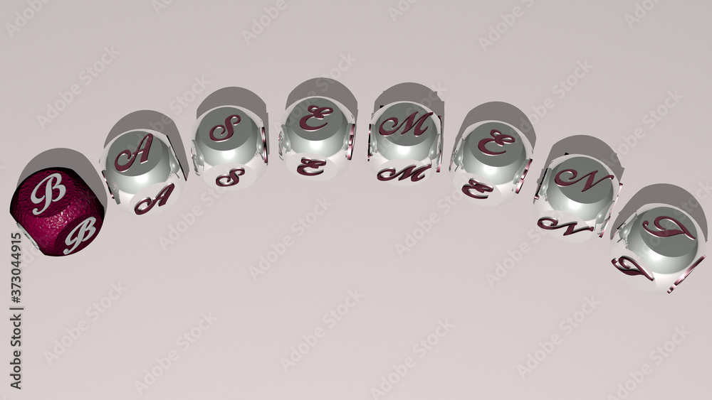 BASEMENT curved text of cubic dice letters, 3D illustration BASEMENT curved text of cubic dice letters, 3D illustration