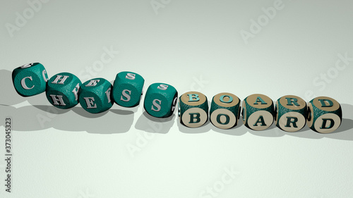 CHESSBOARD text by dancing dice letters, 3D illustration