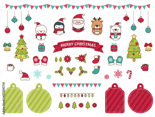 Set of cute Christmas characters and elements on white background. Isolated vector illustrations.