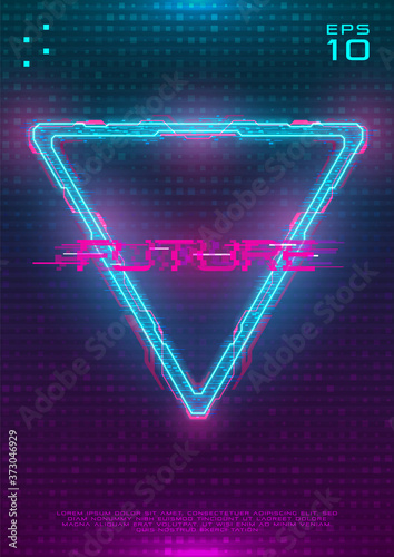 Futuristic poster with illuminated cyberpunk hologram Triangle. Modern template with blue hud neon Triangle with pink printed circuit board. Glow Design for poster, flyer, cover. Cyber vector