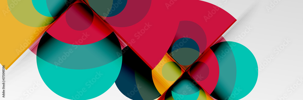 Bright color circles, abstract round shapes and triangles composition with shadow effects. Vector modern geometric design template Bright color circles, abstract round shapes and triangles composition with shadow effects. Vector modern geometric design template