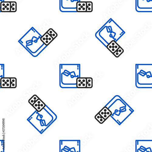 Line Game dice and glass of whiskey with ice cubes icon isolated seamless pattern on white background. Casino gambling. Colorful outline concept. Vector.