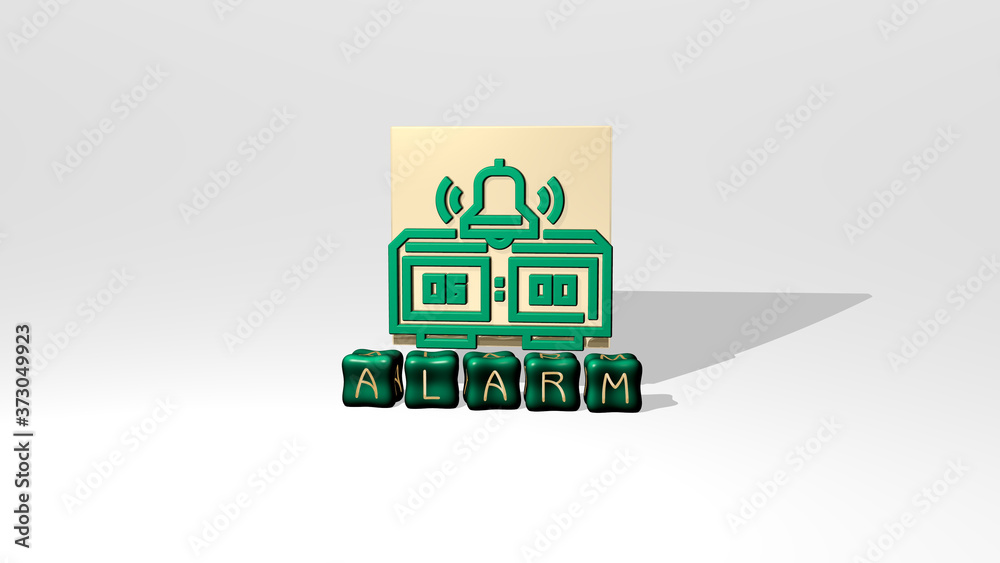 3D representation of alarm with icon on the wall and text arranged by metallic cubic letters on a mirror floor for concept meaning and slideshow presentation, 3D illustration 3D representation of alarm with icon on the wall and text arranged by metallic cubic letters on a mirror floor for concept meaning and slideshow presentation, 3D illustration