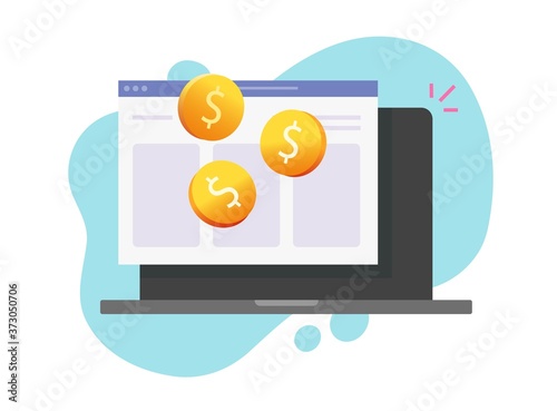 Money earning online on laptop computer vector icon, idea of cash salary pay or lottery winner reward, digital internet profit or electronic income, web marketing benefit, financial commerce concept