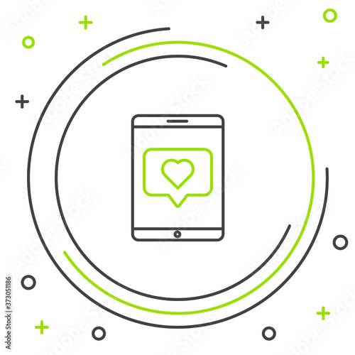 Line Mobile phone and like with heart icon isolated on white background. Counter Notification Icon. Follower Insta. Colorful outline concept. Vector.