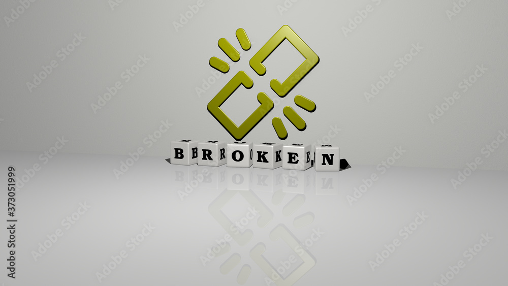 Fototapeta premium BROKEN text of cubic dice letters on the floor and 3D icon on the wall, 3D illustration