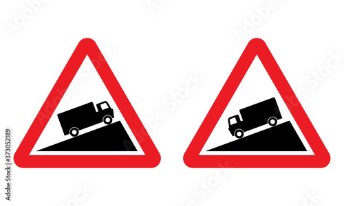 Steep Ascent and Steep Descent warning road sign set. Vector illustration of danger hill caution traffic sign. Attention red triangle boards isolated on white background. Information for truck driver.